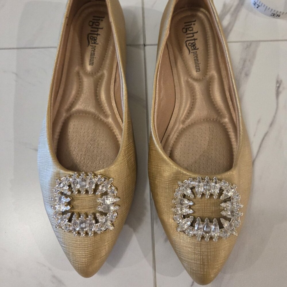 Gold Flats Rhinestone Buckle Light Gel Premium Women’s Pointed Toe Shoes Size 7